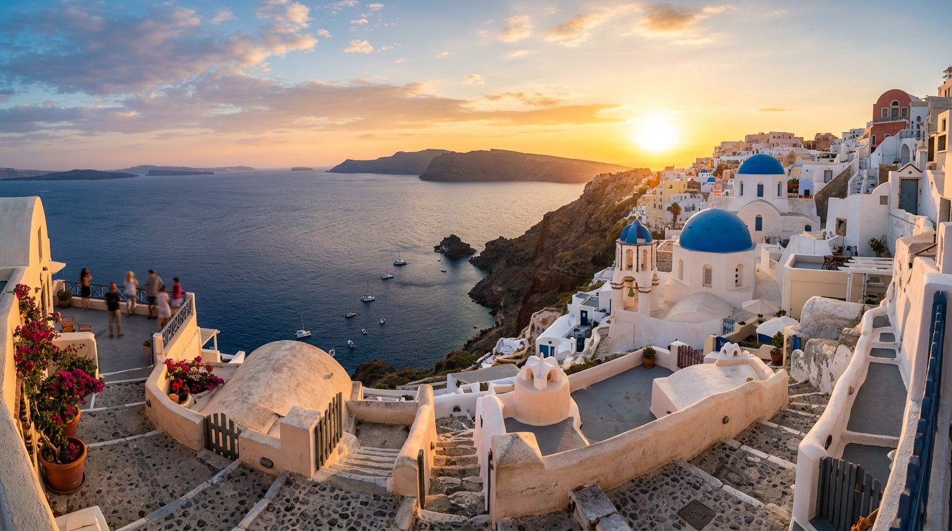 Pemandangan Santorini dengan kubah biru, Yunani